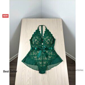 Deep V Neck Halter Lace Bodysuit Teddy Elegant Plus Size Lingerie Nightgown